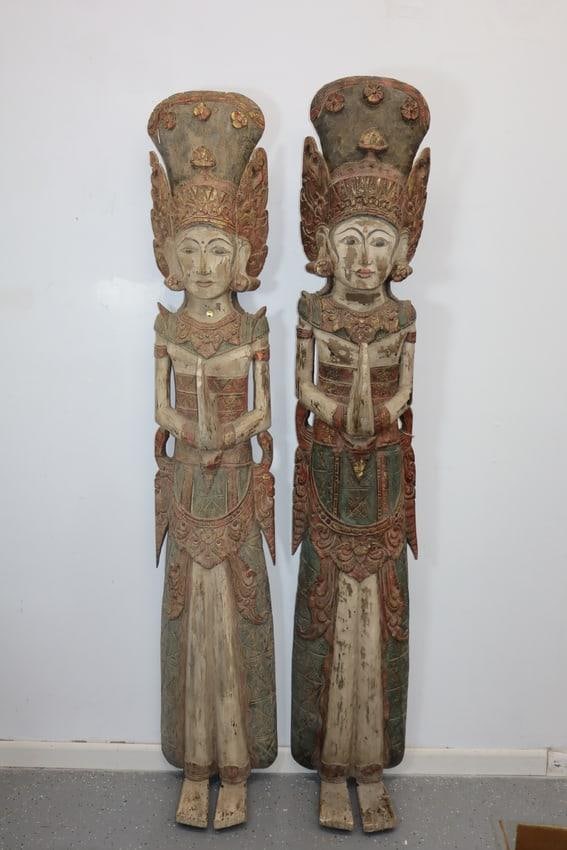 Large pair of Balinese Wood carving temple figurines: Each sculpture depicts Rama & Sita. Each sculpture is exceptionally well made and pairs nicely with many eclectic interior styles. H81in L14in W10in each
