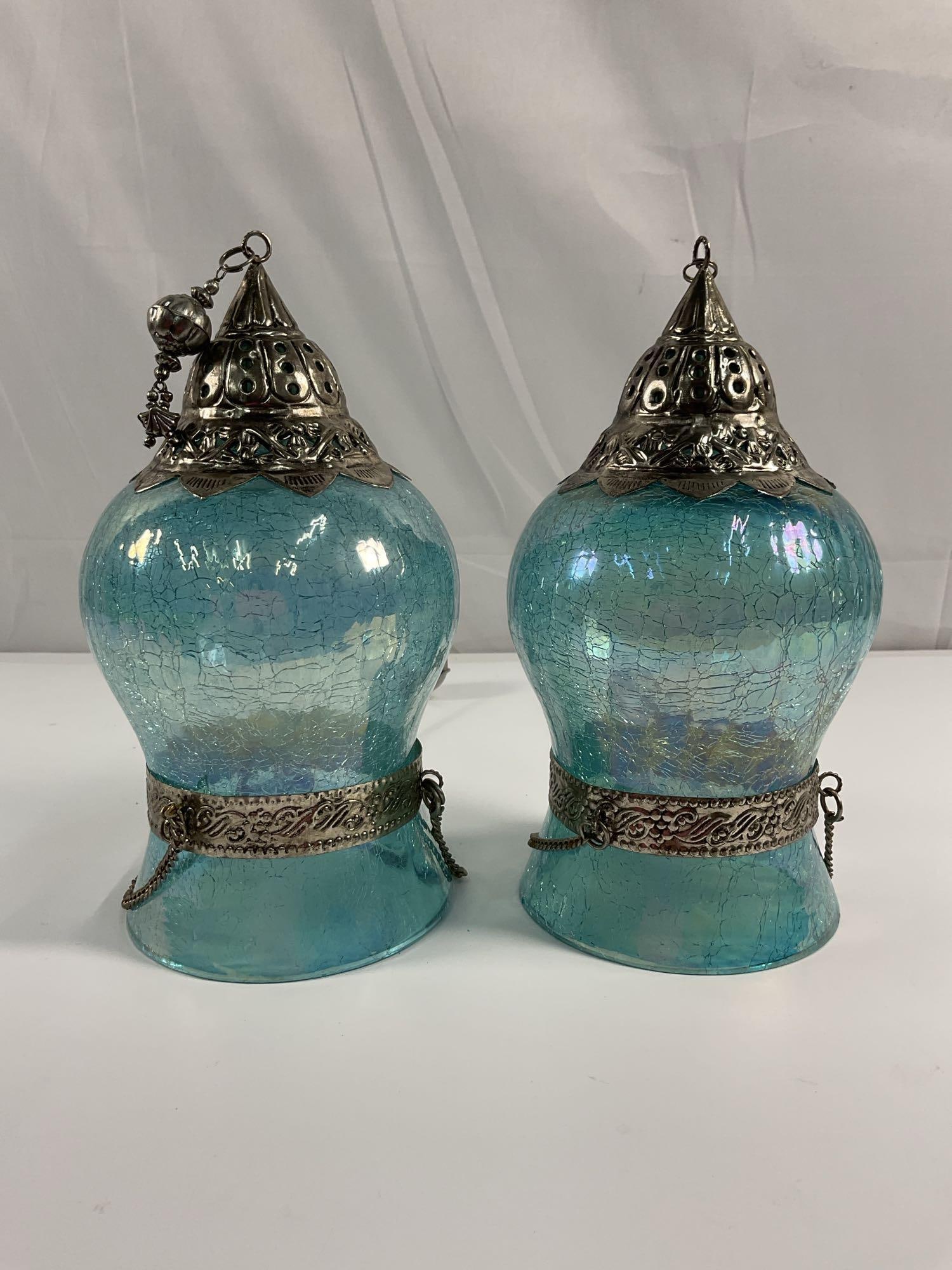 Pair of Vintage Hanging Blue Glass Lanterns (1 of 3)