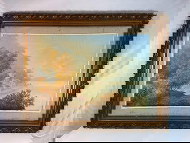 Antique Landscape Oil Painting – Lakeside Village Scene