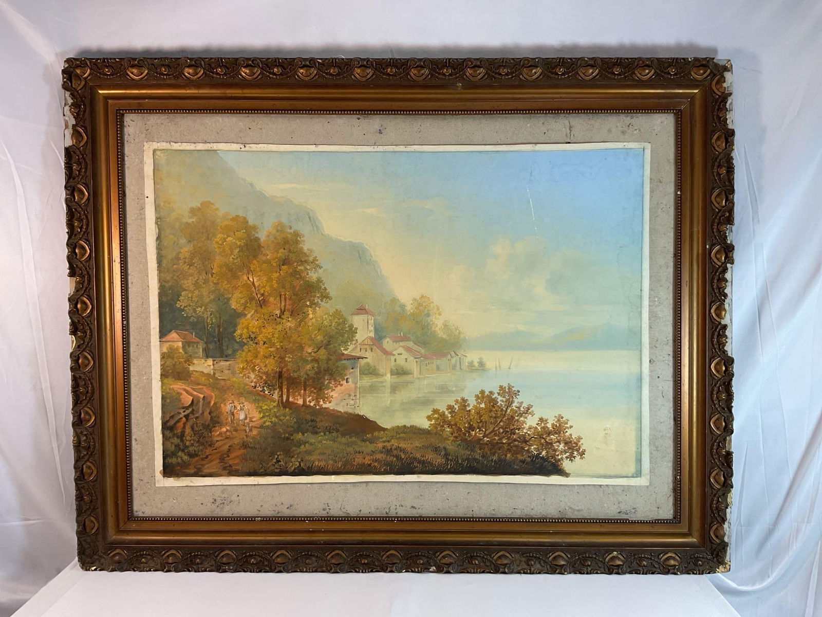Antique Landscape Oil Painting – Lakeside Village Scene (1 of 3)