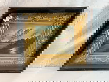 Antique-Style Landscape Oil Painting in Gilded Frame and Shadow Box Display