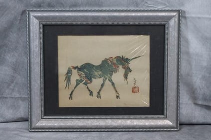 Vintage Chinese Mixed Media Unicorn Painting