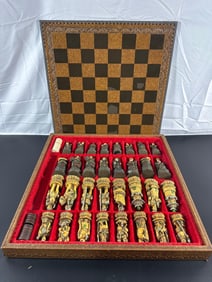Vintage Oriental-Themed Chess Set with Hand-Carved Figurines