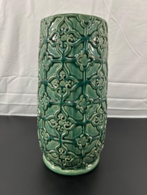 Green Embossed Ceramic Vase with Floral Motif