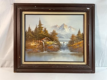 Rustic Mountain Landscape Oil Painting in Wooden Frame