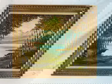 Vintage Mountain Landscape Oil Painting in Ornate Gold Frame