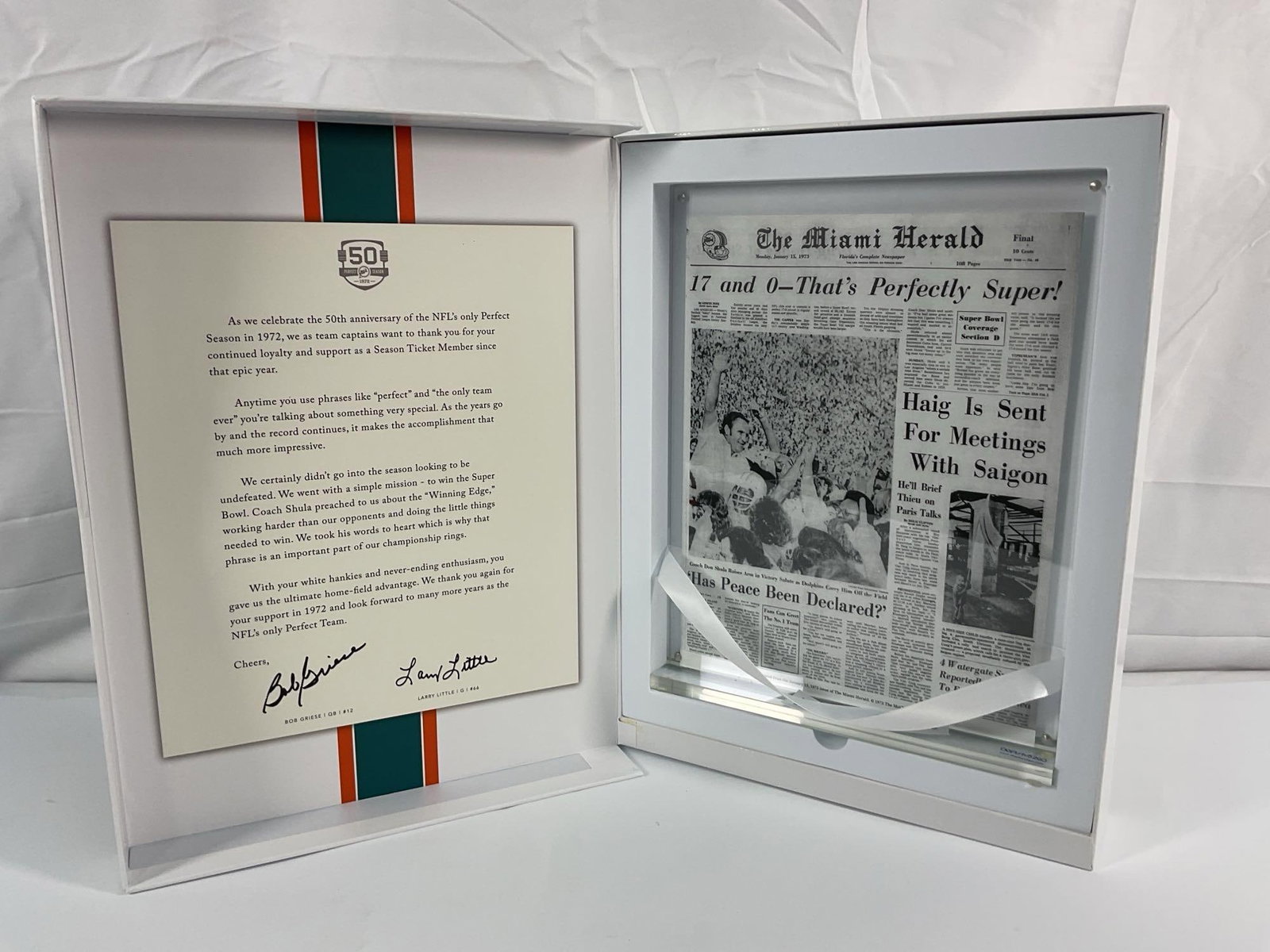 Miami Dolphins 50th Anniversary "Perfect Season" Commemorative Set - Signed: This is a Miami Dolphins 50th Anniversary "Perfect Season" Commemorative Set, celebrating the team’s historic undefeated 1972 season—the only perfect season in NFL history. The packaging features 