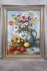 "Still Life Fruit and Flowers" signed HB