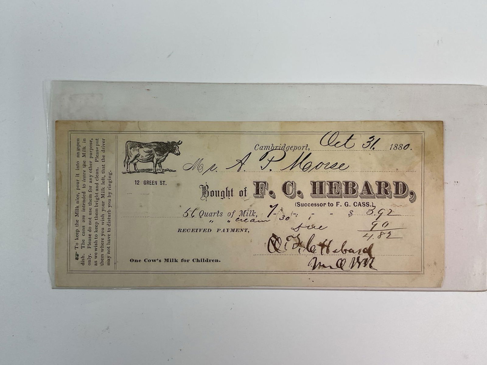 Antique Handwritten Dairy Invoice from J.C. Hebbard (1 of 2)