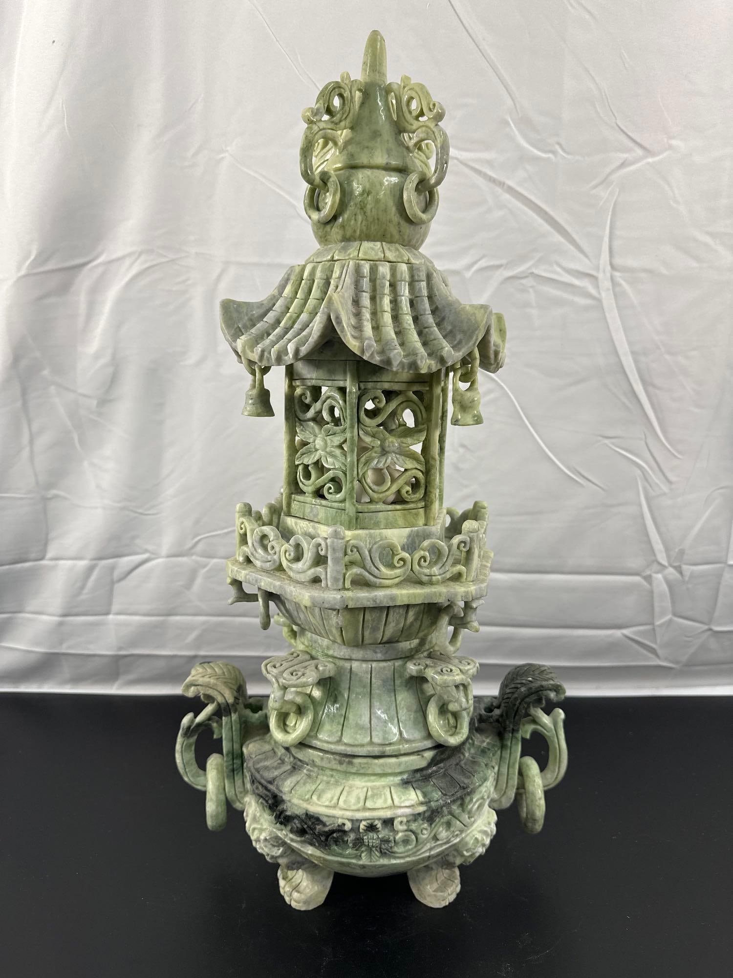 Vintage Chinese Jadeite or Serpentine Carved Pagoda Incense Burner with Turtles (1 of 6)