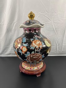 Chinese Cloisonné Lidded Temple Vase with Floral and Bird Motif - Qing Dynasty