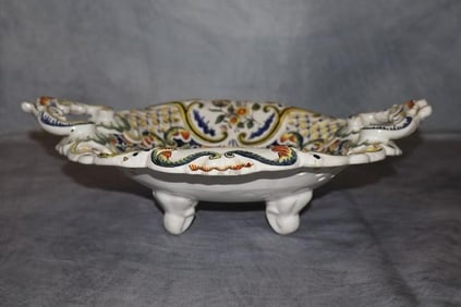 Antique French Desvres Faience Footed Handled Bowl