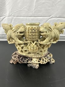"Chinese Carved Soapstone Incense Holder - Foo Dogs, Guardian Lions