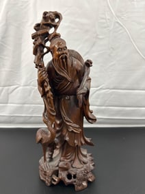 Antique Chinese Carved Wood Figurine of Shou Lao, God of Longevity"