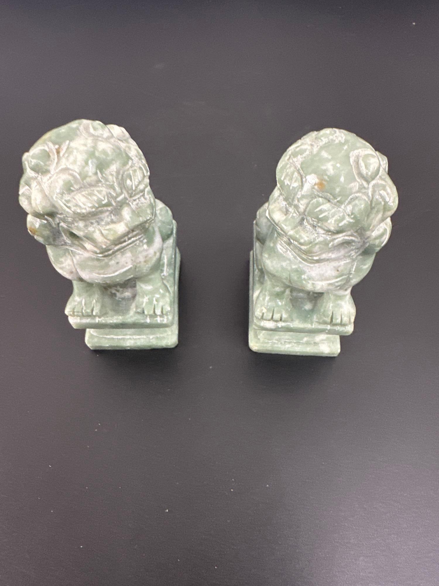 Pair of Carved Green Jade or Soapstone Foo Dogs (Guardian Lions) (1 of 4)