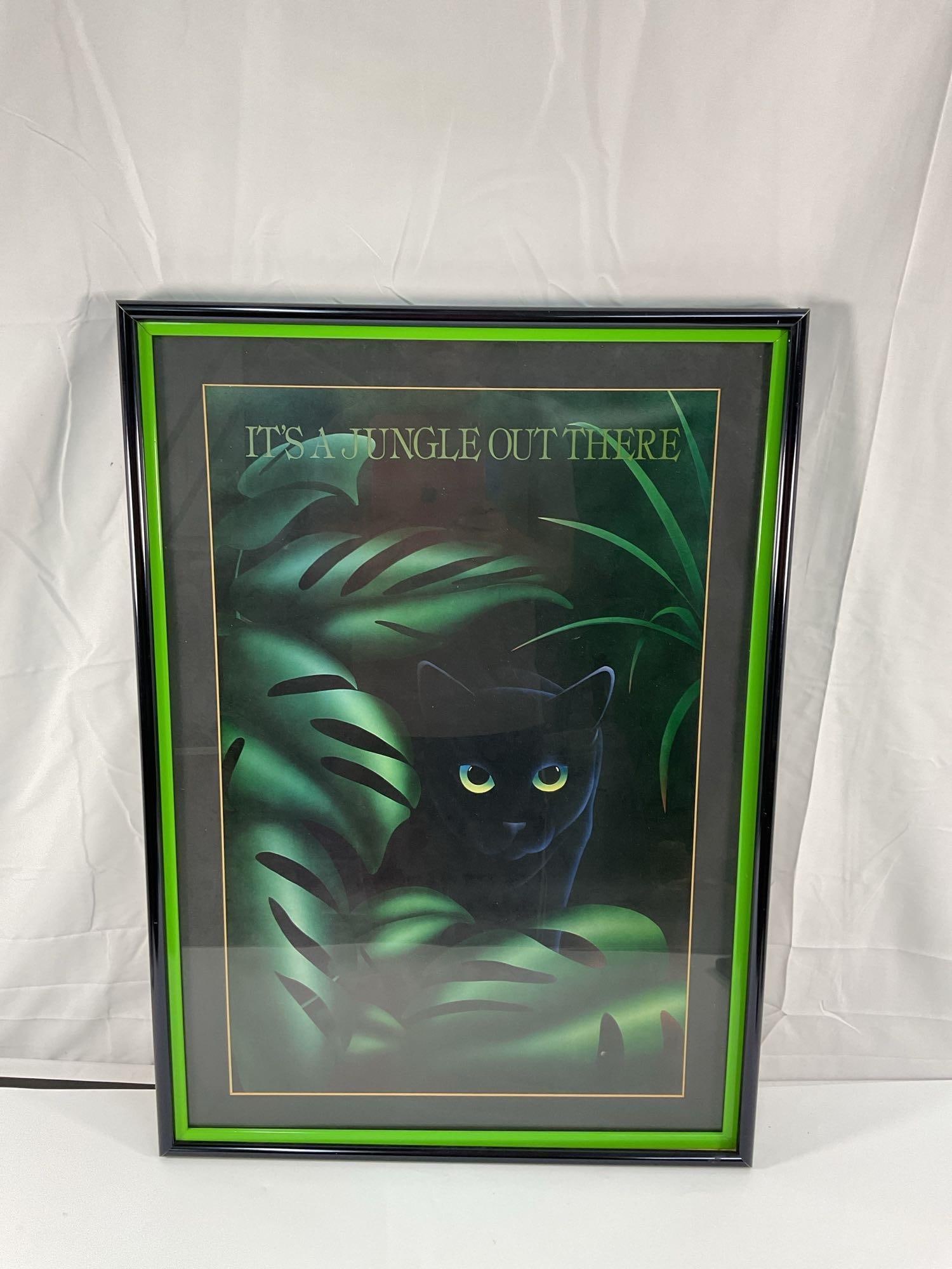 Vintage Art Print Featuring a Black Cat Peering Through Jungle Foliage (1 of 3)