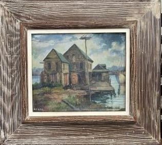 Vintage Oil Painting of Waterfront Shanties, Signed F. C. Kirk (1889-1963) Russian, Ukranian-America