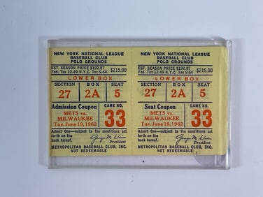 New York Mets - 1st Year Professional Baseball League Ticket Stubs (Encased in Acrylic) - Box 20