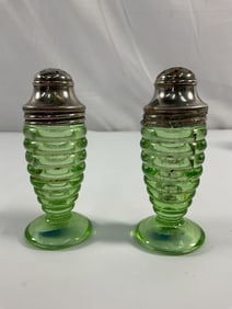Pair green glass vintage  Salt & Pepper Shakers - Box 20