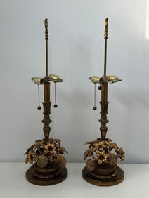 Vintage Pair of Brass Flower Table Lamps