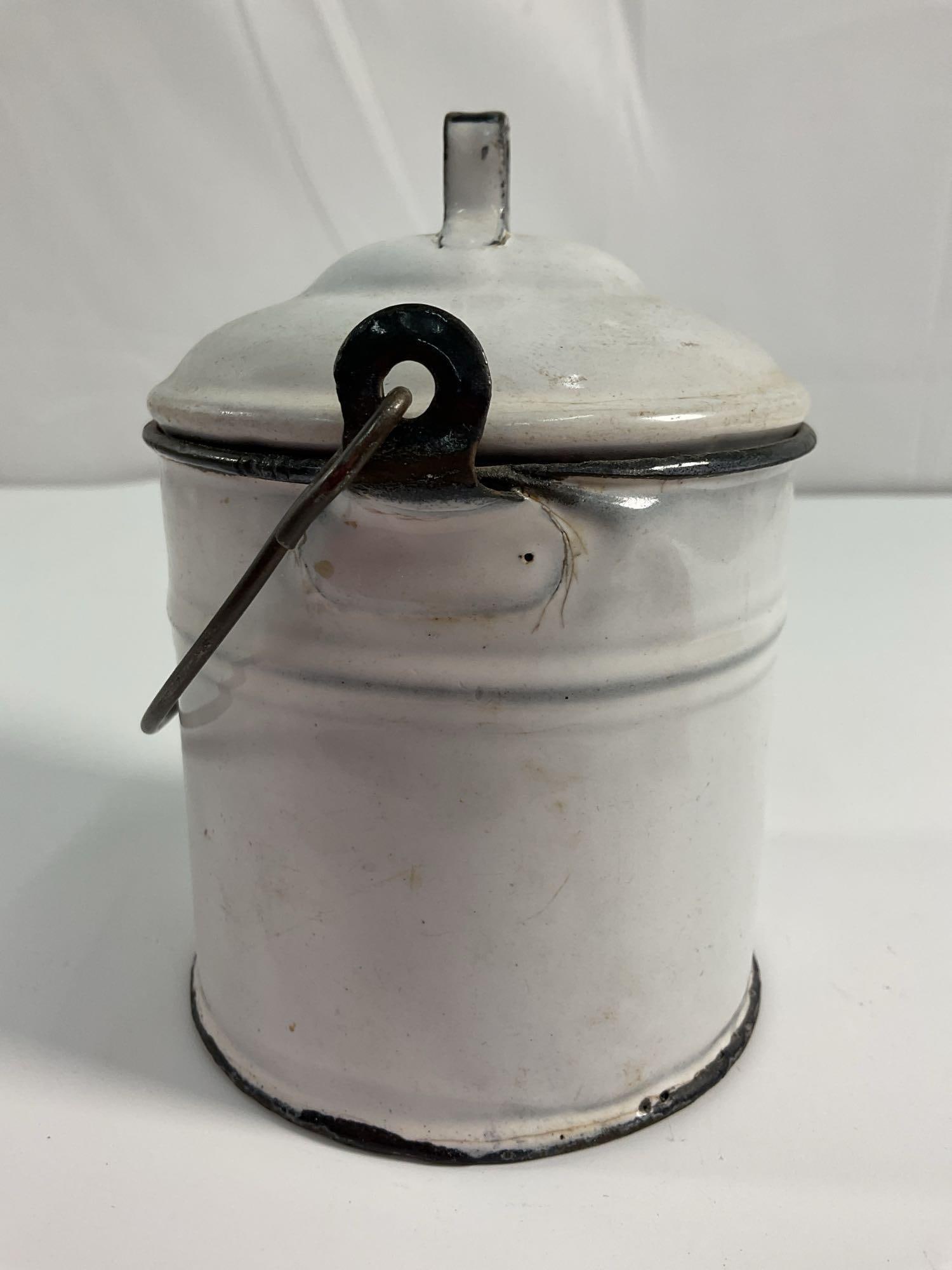Vintage White Granit-ware Mini Milk Pail with Lid (1 of 3)
