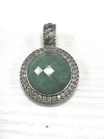 Judith Ripka Sterling Silver Green Quartz and Diamond Halo Pendant