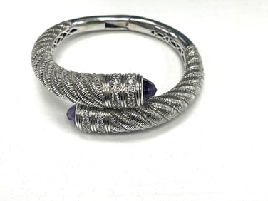 Judith Ripka Sterling Silver Amethyst and Diamond Hinged Cuff Bracelet
