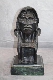 Frederick Remington Bronze - Indian Bust: High quality Frederick Remington bronze Indian bust on mounted on a green marble base. Dimensions: H:12in L:6in W:6in