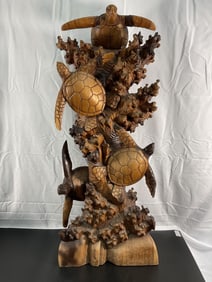 Hand-Carved Wooden Sea Turtle Sculpture
