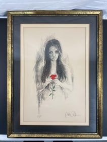 Framed Lithograph of a Woman with a Red Rose by Neil Eichhorn
