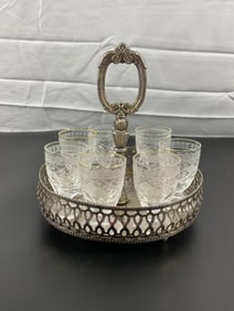Vintage Silver-Plated Serving Tray with Etched Glass Shot Glasses