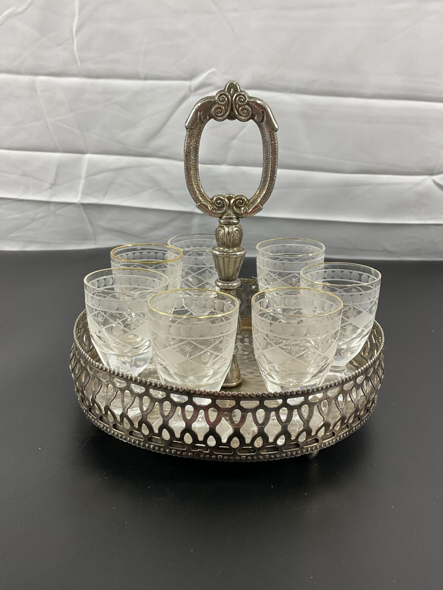 Vintage Silver-Plated Serving Tray with Etched Glass Shot Glasses (1 of 3)
