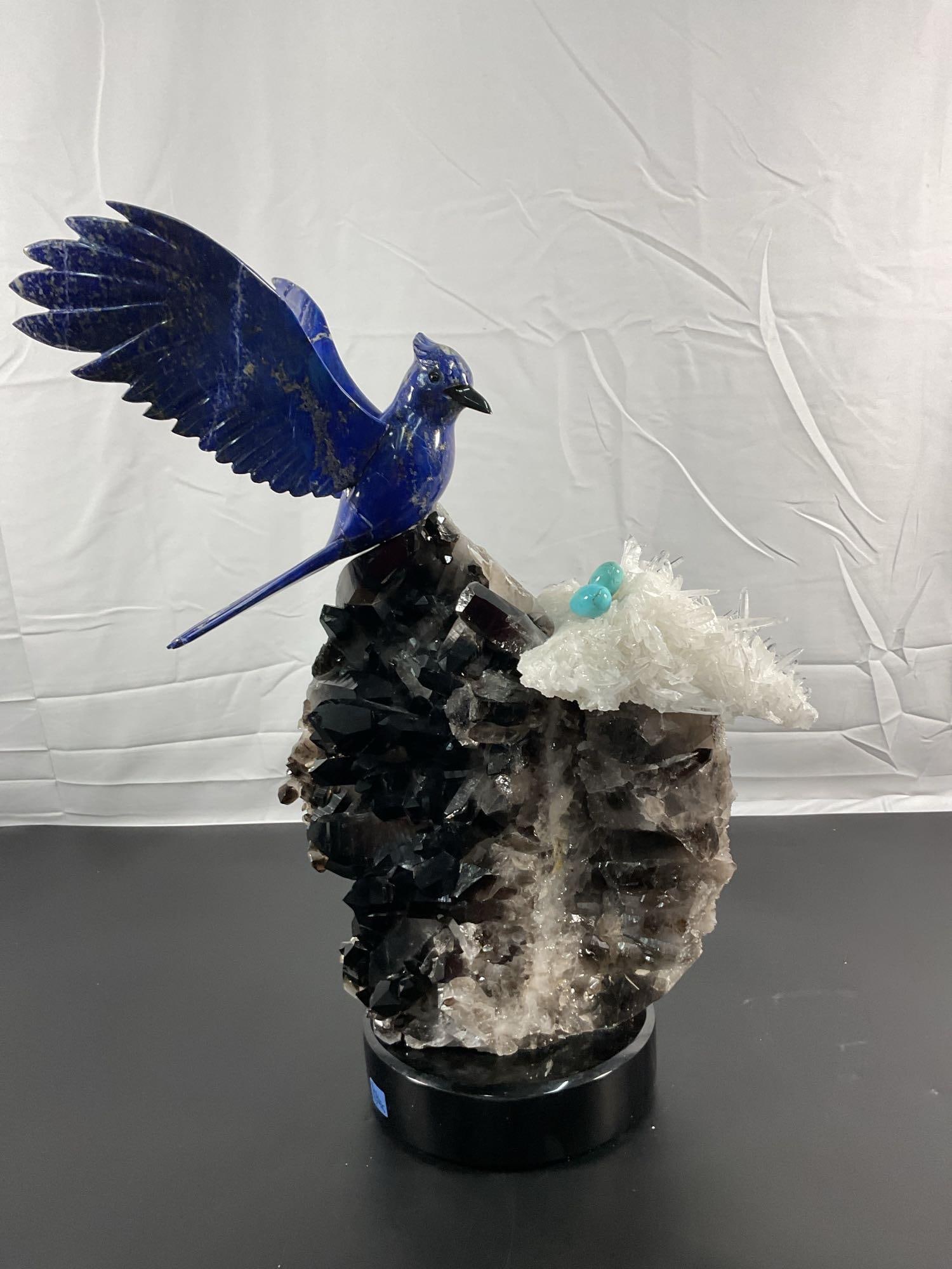 Stellar Jay  - Lapis Lazuli Blue Jay on Quartz and Crystal Base - Signed Lyle Sopel (1 of 6)