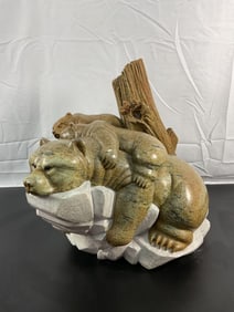 "Mother Bear and Cubs" Stone Sculpture Signed Michael Lord