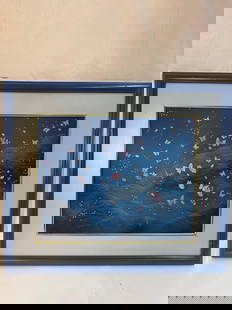 "Untitled" by Reinoso (Cuba): This enchanting painting by Cuban artist Reinoso depicts a celestial scene with delicate pastel butterflies and small floral elements set against a deep blue, cosmic-like background. The soft, dreamli