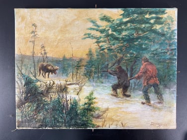 Vintage Oil Painting Hunting Scene