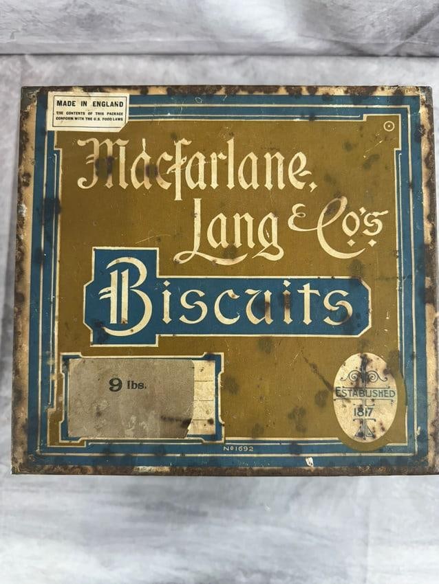 Macfarlanes Lang & Co's, "Ginger Nuts" Biscuits Tin Container: Macfarlanes Lang & Co's, "Ginger Nuts" biscuits tin container. Dimensions: H10in L9in W9in approx