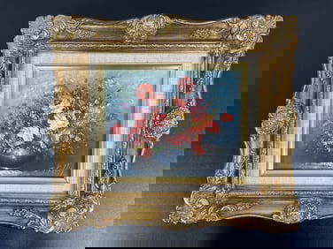 Vintage Floral Still Life Oil Painting by T. Kelly