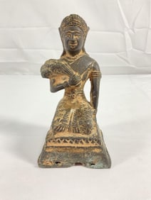 Antique Phra Mae Thorani, Southeast Asian Earth Goddess Bronze Kneeling Deity Statue