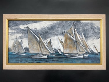 Vintage Sailboat Fleet Oil on Canvas
