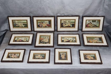 Set of 12 Indian Mughal Miniature Kama Sutra Panel Painting on Bone