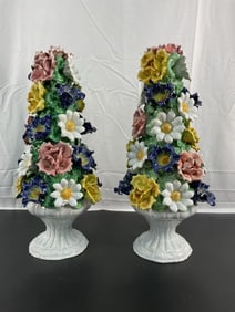 Pair of Vintage Italian Capodimonte Floral Porcelain Topiary Sculptures