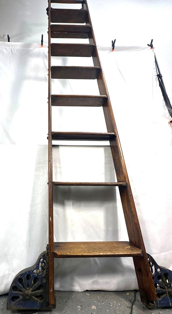 Massive Antique Wooden Library Ladder / Rolling Ladder (1 of 3)