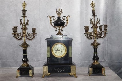 19th Century 3pc Onyx & Bronze French Mantle Clock