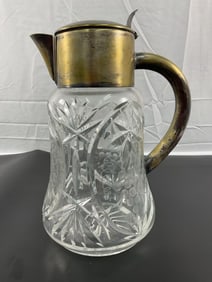 Antique Cut Glass Pitcher with Brass and Silver-Plated Lid - Germany