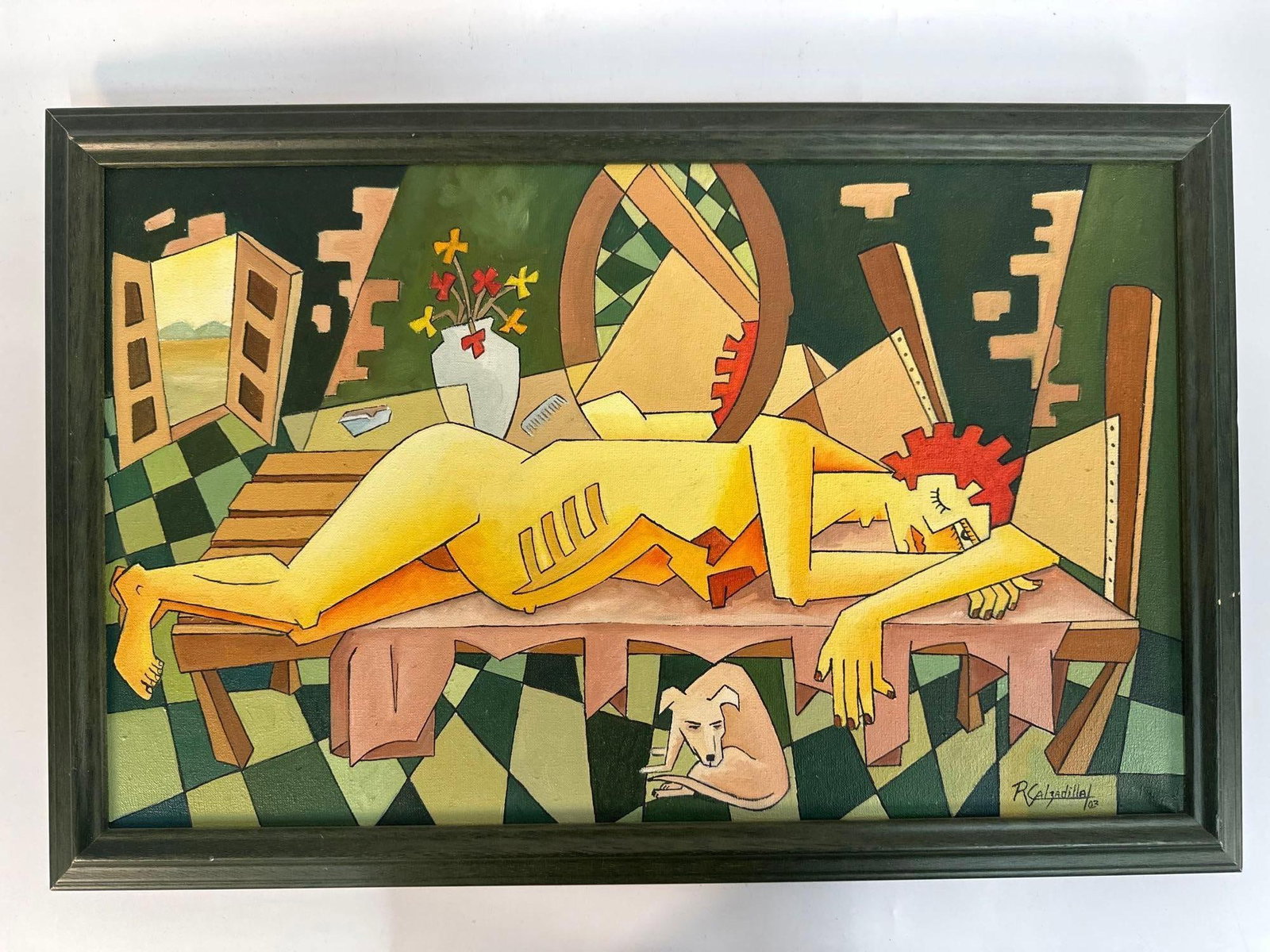 "Abstract Narrative" by Ramon Calzadilla (Cuban): This vibrant painting by Cuban artist Ramon Calzadilla showcases his distinctive style, characterized by bold geometric shapes, a playful color palette, and surrealist elements. The composition featur