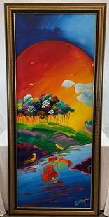 Without Borders by Peter Max (German/American, b.1937) Acrylic on Canvas: Massive and absolutely stunning one of a kind painting by the renowned Peter Max. This piece is titled "Without borders" and created in 2008, signed by Max on the bottom right. This piece comes with t