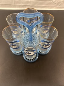 Vintage Blue Glass Tumbler Set with Wire Carrier - Coronation of Queen Elizabeth