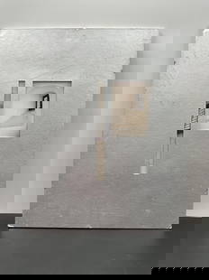 Mixed Media Photography by Annette Kelm (German, b.1975): This mixed-media artwork by Annette Kelm features a minimalist, industrial aesthetic with a silver-painted wooden panel that incorporates two cut-out sections revealing a photograph of an architectura