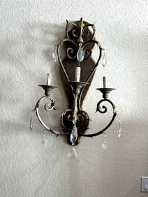 Large Sconces in Dinning Room - Antique French-Style Wrought Iron and Crystal Wall Sconce